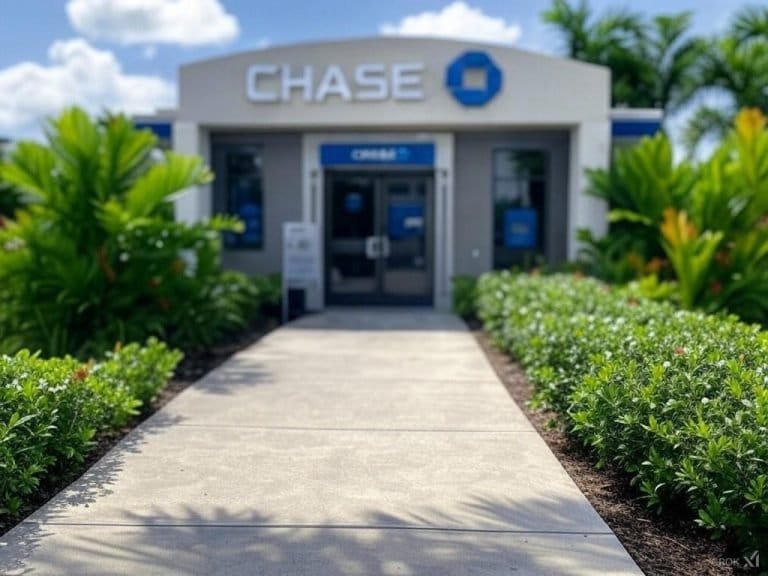 A sidewalk leads to the entrance of a Chase bank branch, surrounded by lush green bushes and palm trees under a bright, partly cloudy sky&mdash;an inviting spot to explore Chase credit cards and learn about credit card approval.