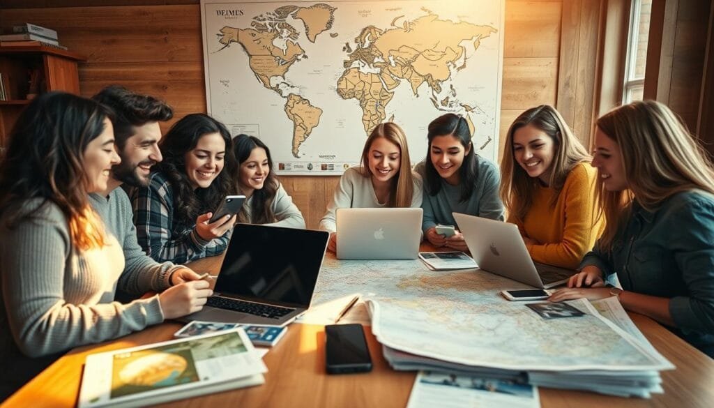 Millennial travelers planning trip Millennial travelers planning trip