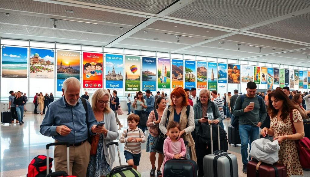 A bustling airport terminal, filled with multigenerational families eagerly awaiting their flights. In the foreground, grandparents assist young children with their luggage, while parents coordinate the group's itinerary on their phones. The middle ground showcases vibrant travel posters advertising idyllic beach resorts, historic cities, and outdoor adventure destinations. The background depicts a panoramic view of the terminal, with high ceilings, large windows, and a sense of anticipation and excitement. Soft, diffused lighting creates a warm, welcoming atmosphere, while a wide-angle camera lens captures the scope and scale of this strategic planning for a multi-generation travel experience. A bustling airport terminal, filled with multigenerational families eagerly awaiting their flights. In the foreground, grandparents assist young children with their luggage, while parents coordinate the group's itinerary on their phones. The middle ground showcases vibrant travel posters advertising idyllic beach resorts, historic cities, and outdoor adventure destinations. The background depicts a panoramic view of the terminal, with high ceilings, large windows, and a sense of anticipation and excitement. Soft, diffused lighting creates a warm, welcoming atmosphere, while a wide-angle camera lens captures the scope and scale of this strategic planning for a multi-generation travel experience.