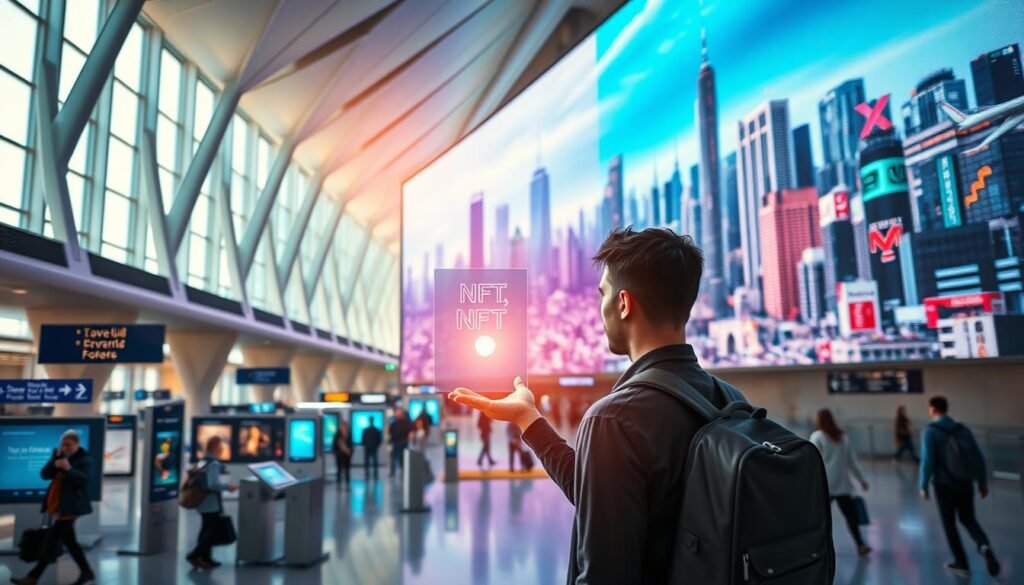 A bustling airport terminal, with sleek, angular architecture and an abundance of natural light streaming through floor-to-ceiling windows. In the foreground, a traveler stands, their gaze fixed on a glowing holographic display floating above their palm, showcasing a dynamic NFT representation of their travel rewards. The middle ground features a seamless integration of digital signage and physical kiosks, where other passengers interact with their own virtual travel assets. In the background, a vast digital mural spans the length of the terminal, depicting a vibrant, futuristic cityscape, its skyscrapers and landmarks rendered in a captivating, ethereal style. The scene conveys a sense of innovation, connectivity, and the fusion of the physical and digital realms in the modern travel experience.
