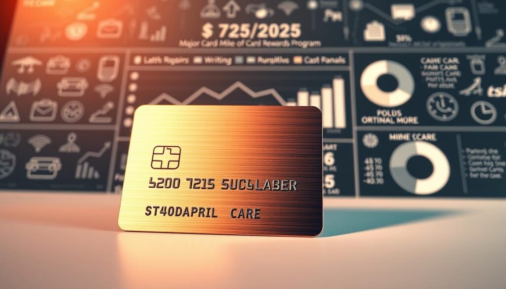 A detailed infographic showcasing the valuations of major credit card rewards programs in April 2025. In the foreground, a sleek metal credit card with an embossed rewards program logo casts a subtle shadow on a minimalist, monochrome background. The middle ground features a sophisticated data visualization, with line graphs, bar charts, and pie charts displaying the comparative worth of points, miles, and cash-back offerings from leading issuers. The background is a softly blurred array of credit card symbols, holographic patterns, and financial iconography, creating a sense of depth and authority. Warm, directional lighting from the top left casts a refined, professional atmosphere, while a low-angle perspective enhances the prominence of the central infographic elements.