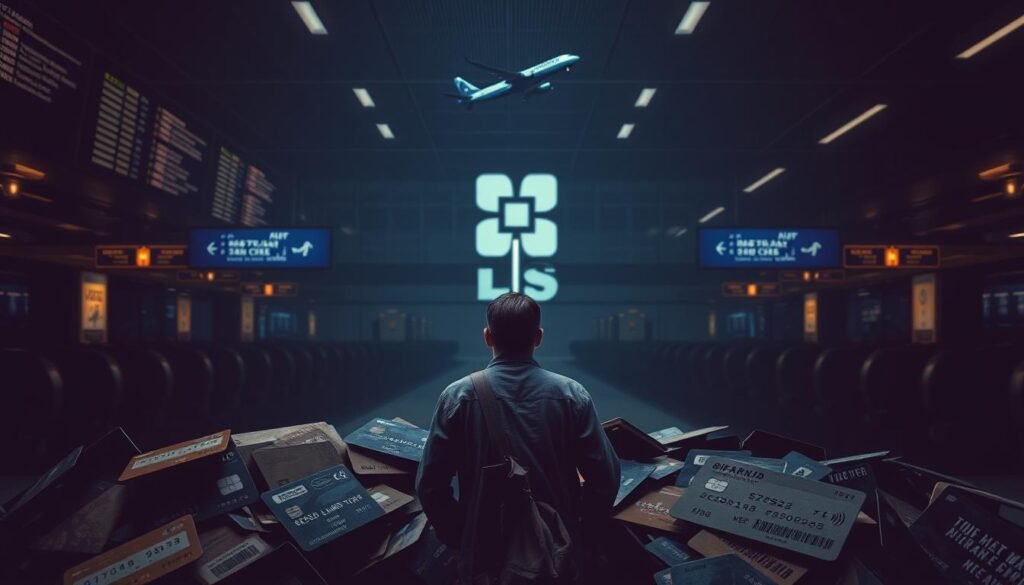 A dimly lit airport terminal, the glow of departure boards and luggage carousels casting a moody, subdued atmosphere. In the foreground, a weary traveler stands amid a jumble of worn loyalty cards, their expiration dates and limited benefits highlighted in muted tones. The middle ground features an imposing, blocky corporate logo, symbolizing the rigid constraints of traditional travel reward programs. In the background, a faint outline of an airplane taking off, suggesting the disconnect between these antiquated systems and the evolving needs of the modern, dynamic traveler. The overall scene conveys a sense of frustration and the desire for more flexible, technology-driven travel rewards solutions.