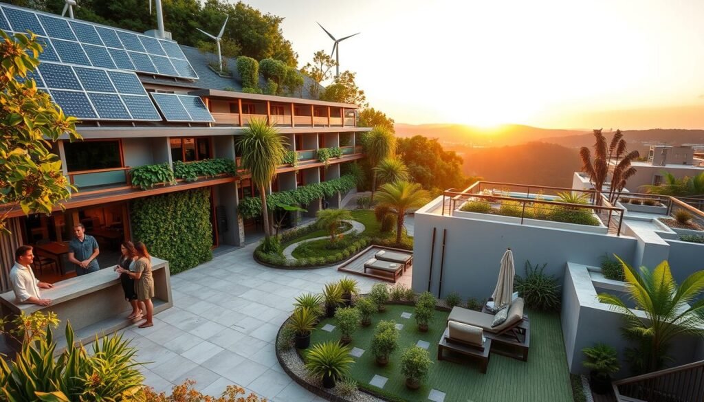 A serene, modern hotel nestled amidst lush greenery, its facade adorned with solar panels and wind turbines. In the foreground, a group of guests checks in at the eco-conscious reception, their faces beaming with satisfaction. The middle ground reveals a tranquil courtyard with a living green wall and a reflecting pool, where visitors lounge on sustainable bamboo furniture. In the background, the hotel's rooftop showcases a rooftop garden and a panoramic view of the surrounding landscape, bathed in the warm glow of the sunset. The scene conveys a harmonious blend of comfort, sustainability, and environmental stewardship.