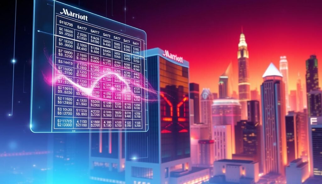 A striking illustration of Marriott Bonvoy's dynamic award pricing, captured in a vibrant, futuristic style. In the foreground, a holographic display hovers, showcasing a grid of hotel room rates that flicker and morph, representing the ever-changing nature of the program's pricing. The middle ground features a sleek, modern hotel facade, its facade reflecting the dynamic display. The background is a cityscape of towering skyscrapers, bathed in a warm, neon-tinged glow, suggesting the fast-paced, technology-driven world of contemporary hospitality. The overall scene conveys a sense of complexity, innovation, and the challenges faced by travelers navigating the evolving loyalty landscape. A striking illustration of Marriott Bonvoy's dynamic award pricing, captured in a vibrant, futuristic style. In the foreground, a holographic display hovers, showcasing a grid of hotel room rates that flicker and morph, representing the ever-changing nature of the program's pricing. The middle ground features a sleek, modern hotel facade, its facade reflecting the dynamic display. The background is a cityscape of towering skyscrapers, bathed in a warm, neon-tinged glow, suggesting the fast-paced, technology-driven world of contemporary hospitality. The overall scene conveys a sense of complexity, innovation, and the challenges faced by travelers navigating the evolving loyalty landscape.
