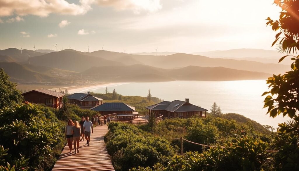 A tranquil, sun-dappled scene of a coastal eco-resort nestled amidst lush greenery. In the foreground, guests stroll along a wooden boardwalk, pausing to admire the breathtaking ocean vistas. The middle ground showcases an array of sustainable lodging options, their architecture seamlessly blending with the natural landscape. In the background, rolling hills dotted with wind turbines and solar panels convey a sense of renewable energy powering this idyllic sustainable oasis. The warm, golden lighting and soft, hazy atmosphere evoke a serene, eco-conscious ambiance, inviting visitors to immerse themselves in the harmony of nature and responsible tourism.