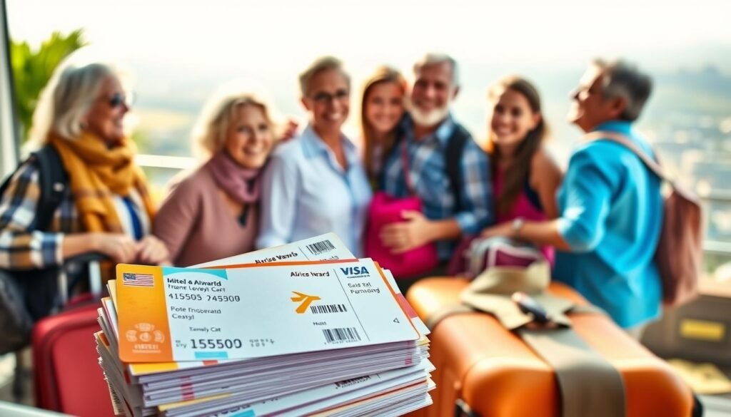 A warm and vibrant family gathering, capturing the essence of travel rewards. In the foreground, a stack of colorful airline tickets, hotel rewards, and loyalty program cards, symbolizing the tangible benefits of travel. In the middle ground, a multi-generational family - grandparents, parents, and children - smiling and embracing, their suitcases and backpacks suggesting an upcoming adventure. The background features a sun-drenched landscape, with a scenic overlook or landmark, hinting at the enriching experiences that travel rewards can unlock. Soft, diffused lighting and a slight depth of field create a sense of comfort and intimacy, inviting the viewer to imagine themselves in this rewarding family trip. A warm and vibrant family gathering, capturing the essence of travel rewards. In the foreground, a stack of colorful airline tickets, hotel rewards, and loyalty program cards, symbolizing the tangible benefits of travel. In the middle ground, a multi-generational family - grandparents, parents, and children - smiling and embracing, their suitcases and backpacks suggesting an upcoming adventure. The background features a sun-drenched landscape, with a scenic overlook or landmark, hinting at the enriching experiences that travel rewards can unlock. Soft, diffused lighting and a slight depth of field create a sense of comfort and intimacy, inviting the viewer to imagine themselves in this rewarding family trip.