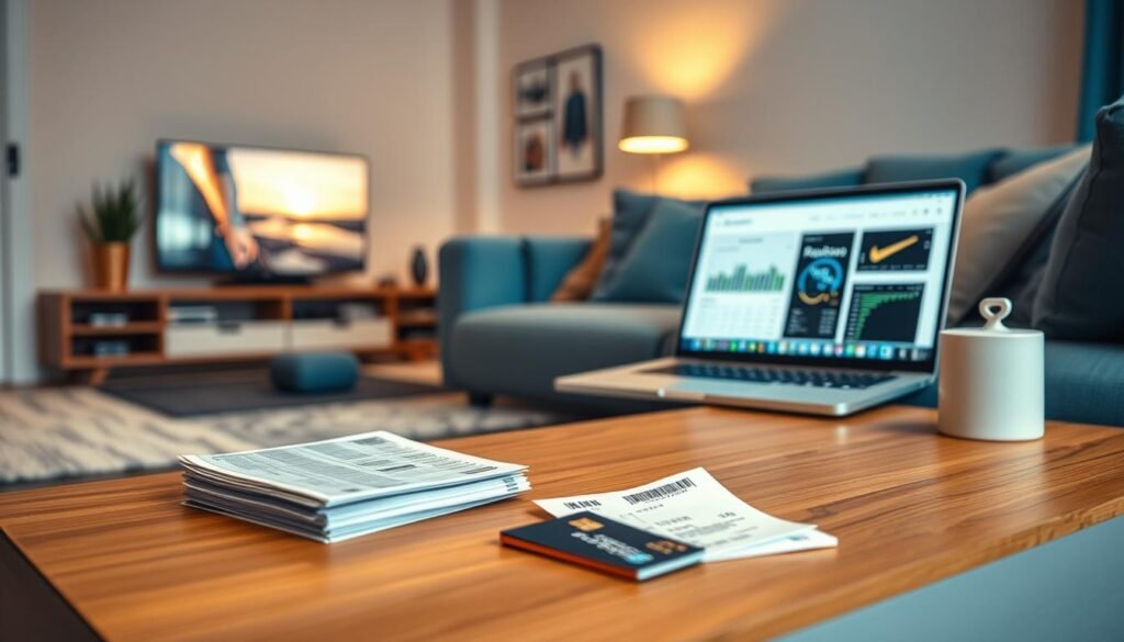 Create a clean, modern image that visually represents the concept of understanding subscription spending patterns&mdash;without using text or visible data. In the foreground, show a simplified digital interface on a phone or tablet screen displaying abstract icons for streaming, fitness, and entertainment subscriptions, with subtle glowing highlights to suggest activity. In the background, use a soft gradient with faint, abstract repeating shapes (like calendar icons or overlapping bills) to hint at recurring payments. Use a minimalist color palette with deep blue, muted teal, soft gray, and crisp white to maintain clarity and focus. The overall look should feel intuitive, personal, and visually balanced, with no charts, words, or numbers.