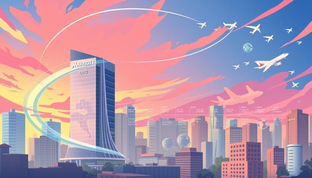 Digitally rendered cityscape depicting the evolution of the Marriott Bonvoy loyalty program. In the foreground, a sleek modern Marriott hotel towers against a vibrant sky. Swirling around it, abstract shapes and lines symbolize the program's changes over the years, with a focus on the 2018 rebrand from Marriott Rewards. In the middle ground, a timeline of the program's key milestones unfolds, showcasing its growth and adaption to industry trends. The background features a collage of travel-inspired elements - luggage, airplanes, globes - hinting at the program's global reach. The overall tone is dynamic, progressive, and technology-forward, reflecting Marriott Bonvoy's evolution into a more digital, personalized loyalty experience. Digitally rendered cityscape depicting the evolution of the Marriott Bonvoy loyalty program. In the foreground, a sleek modern Marriott hotel towers against a vibrant sky. Swirling around it, abstract shapes and lines symbolize the program's changes over the years, with a focus on the 2018 rebrand from Marriott Rewards. In the middle ground, a timeline of the program's key milestones unfolds, showcasing its growth and adaption to industry trends. The background features a collage of travel-inspired elements - luggage, airplanes, globes - hinting at the program's global reach. The overall tone is dynamic, progressive, and technology-forward, reflecting Marriott Bonvoy's evolution into a more digital, personalized loyalty experience.