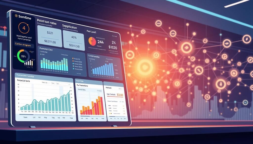 A digital dashboard displays various financial and performance charts, including insights on credit card points. Colorful data visualizations and a glowing network of connected nodes in the background create a technological atmosphere.