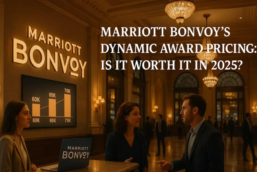 A hotel lobby with a large Marriott Bonvoy sign. Three people converse at a desk with award chart graphics. Text reads: Marriott Bonvoy’s Dynamic Award Pricing—How will it impact points redemption in 2025?.