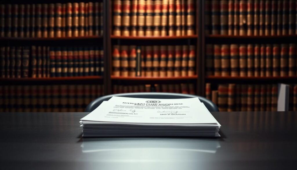 A clean, professional image of a regulatory approval document for a credit card merger. In the foreground, a sleek metal desk with a polished surface. Atop the desk, a stack of official-looking papers with a government seal and signatures. Behind the desk, a bookshelf filled with legal volumes, casting a warm, authoritative glow. Soft, directional lighting illuminates the scene, creating depth and highlighting the important details. The overall mood is one of institutional gravitas, conveying the significance of the regulatory process. The angle is a slightly elevated perspective, giving a sense of the weight and importance of the occasion.