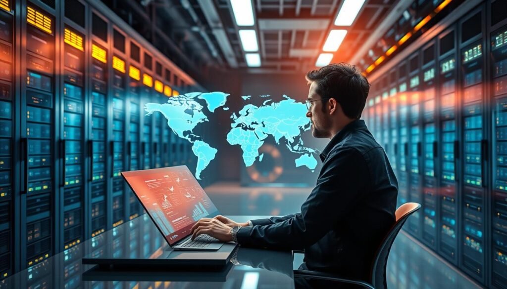 A futuristic data center with rows of glowing servers and holographic displays, casting a warm glow over a traveler sitting at a sleek desk, intently studying flight patterns and hotel rates on a transparent touchscreen interface. In the background, a world map visualizes global travel data, pulsing with insights. Soft, directional lighting highlights the traveler's focused expression, as they leverage AI-powered algorithms to optimize their upcoming trip. The scene conveys a sense of innovation, efficiency, and the seamless integration of technology into the modern travel experience. A futuristic data center with rows of glowing servers and holographic displays, casting a warm glow over a traveler sitting at a sleek desk, intently studying flight patterns and hotel rates on a transparent touchscreen interface. In the background, a world map visualizes global travel data, pulsing with insights. Soft, directional lighting highlights the traveler's focused expression, as they leverage AI-powered algorithms to optimize their upcoming trip. The scene conveys a sense of innovation, efficiency, and the seamless integration of technology into the modern travel experience.