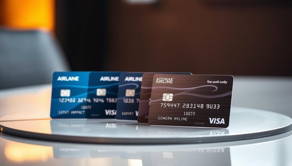A high-quality set of airline credit cards displayed on a sleek, modern surface with a subtle reflection. The cards are positioned in an eye-catching arrangement, showcasing their premium designs and branding. The lighting is warm and directional, creating depth and highlighting the textural details of the cards. The background is slightly blurred, placing the focus on the foreground credit cards. The overall scene conveys a sense of exclusivity, luxury, and the key role these cards play in achieving elite airline status.