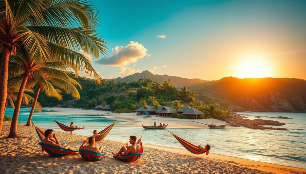 A picturesque beach scene with swaying palm trees, crystal-clear turquoise waters, and a vibrant sunset glow. In the foreground, a group of people lounging on colorful hammocks, sipping tropical cocktails. In the middle ground, a cluster of quaint beach bungalows with thatched roofs, surrounded by lush, verdant foliage. In the background, rolling hills and rugged cliffs, with a winding hiking trail leading to hidden vantage points. Soft, warm lighting illuminates the scene, creating a serene and inviting atmosphere. The overall composition evokes a sense of undiscovered paradise, a true hidden gem destination for a summer getaway in 2025.