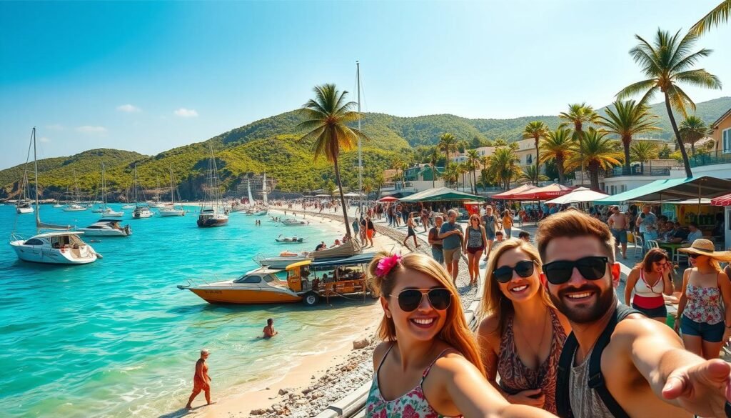 A sun-drenched coastal scene in 2025, with travelers lounging on pristine beaches, exploring vibrant seaside towns, and embarking on adventurous excursions. In the foreground, a group of friends snap selfies against a backdrop of colorful sailboats and turquoise waters. In the middle ground, families stroll along a bustling promenade, pausing to sample local cuisine from food trucks and outdoor cafes. The background features lush, verdant hills and towering palm trees, bathed in a warm, golden glow from the afternoon sun. The overall atmosphere evokes a sense of carefree summer escapism, with a touch of futuristic flair to reflect the era.