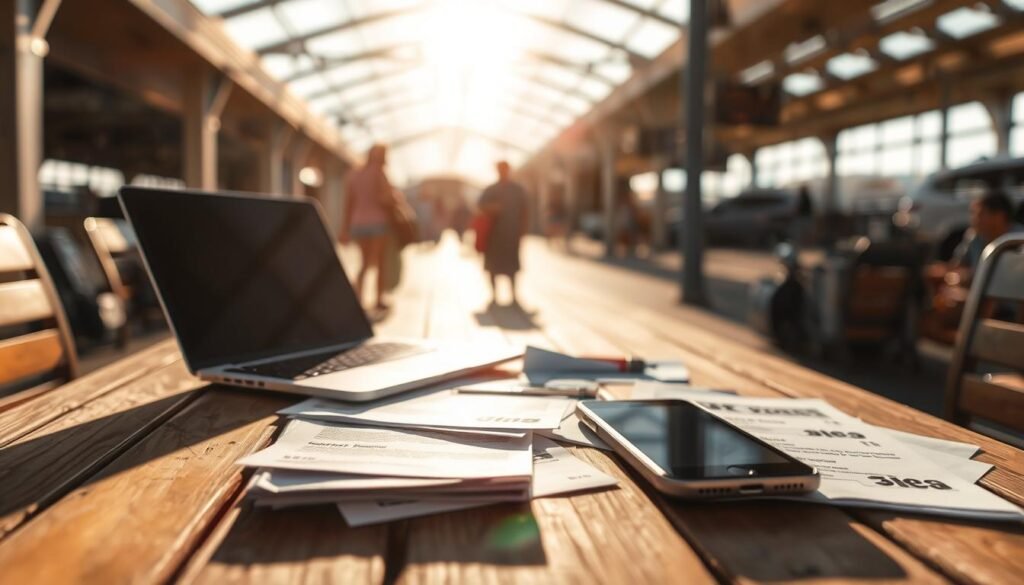 A sun-drenched outdoor scene featuring a wooden table with a laptop, smartphone, and travel documents scattered across it. In the background, a blurred image of an airport or train station, suggesting the hustle and bustle of summer travel. The lighting is warm and inviting, with natural shadows and highlights that accentuate the textures of the materials. The composition is balanced, with the travel-related items taking center stage, surrounded by a clean, minimal environment that evokes a sense of contemplation and decision-making. The overall mood is one of contemplation, as the viewer is invited to imagine the dilemma of choosing between cash or points for their summer travels.