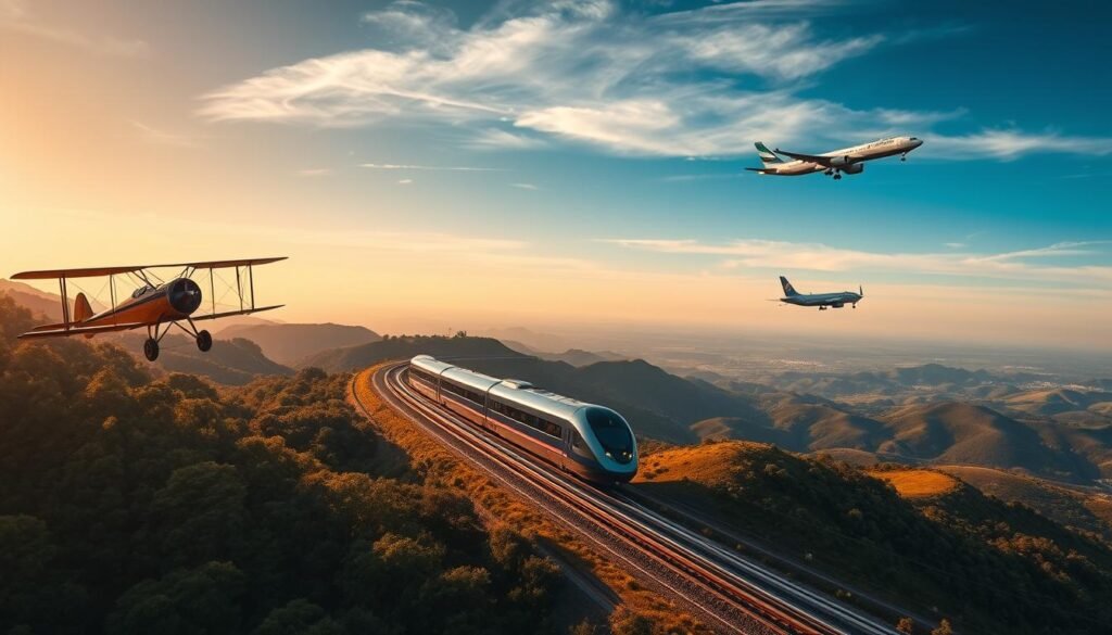 A sweeping panorama showcasing the evolution of travel technology. In the foreground, a retro biplane soars through a golden-hued sky, its propeller blades whirring. In the middle ground, a sleek bullet train zips past lush, rolling hills, its polished steel body reflecting the landscape. In the distant background, a modern commercial airliner glides silently, its contrails etched across the cerulean expanse. Soft, warm lighting bathes the scene, lending an air of nostalgia and progress. The composition captures the timeless essence of human mobility, from the pioneering days of aviation to the high-speed rail and jet-powered travel of the present. A masterful blend of old and new, this image encapsulates the relentless technological advancements that have revolutionized the way we explore the world. A sweeping panorama showcasing the evolution of travel technology. In the foreground, a retro biplane soars through a golden-hued sky, its propeller blades whirring. In the middle ground, a sleek bullet train zips past lush, rolling hills, its polished steel body reflecting the landscape. In the distant background, a modern commercial airliner glides silently, its contrails etched across the cerulean expanse. Soft, warm lighting bathes the scene, lending an air of nostalgia and progress. The composition captures the timeless essence of human mobility, from the pioneering days of aviation to the high-speed rail and jet-powered travel of the present. A masterful blend of old and new, this image encapsulates the relentless technological advancements that have revolutionized the way we explore the world.
