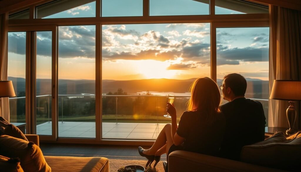 A tranquil summer evening at a luxurious hotel, the warm glow of sunset filtering through large windows overlooking a private balcony. A couple sits together, sipping champagne and gazing at a stunning landscape of rolling hills and a sparkling lake in the distance. The room is elegantly furnished with plush furnishings and tasteful decor, creating an atmosphere of romantic indulgence. Soft lighting enhances the intimacy, while the hotel's exclusive points rewards program promises a truly memorable and effortless getaway for the discerning traveler. A tranquil summer evening at a luxurious hotel, the warm glow of sunset filtering through large windows overlooking a private balcony. A couple sits together, sipping champagne and gazing at a stunning landscape of rolling hills and a sparkling lake in the distance. The room is elegantly furnished with plush furnishings and tasteful decor, creating an atmosphere of romantic indulgence. Soft lighting enhances the intimacy, while the hotel's exclusive points rewards program promises a truly memorable and effortless getaway for the discerning traveler.