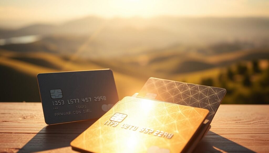 A tranquil, sun-drenched scene depicting the benefits of a rewards credit card. In the foreground, a stack of premium metal credit cards glints under warm, natural lighting, their surfaces etched with intricate geometric patterns. In the middle ground, a floating holographic interface displays a vibrant array of icons representing travel rewards, cash back, and exclusive perks. The background reveals a serene landscape of rolling hills and a distant horizon, suggesting the freedom and adventure enabled by the card's capabilities. The overall atmosphere conveys a sense of refined luxury, technological sophistication, and the promise of enriching experiences for the discerning, independent traveler.