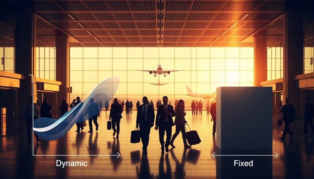 A wide, expansive airport terminal with high ceilings and abundant natural light. In the foreground, two airline loyalty program award pricing models stand in contrast - one dynamic and one fixed, each represented by distinctive visual elements. The dynamic model is a swirling, ever-changing graph, while the fixed model is a solid, unwavering block. In the middle ground, business travelers move purposefully through the terminal, some examining their devices, others engaged in conversation. The background features the distant silhouettes of aircraft taking off and landing, emphasizing the motion and fluidity of the airline industry. The scene is bathed in a warm, golden glow, creating a sense of energy and forward momentum. A wide, expansive airport terminal with high ceilings and abundant natural light. In the foreground, two airline loyalty program award pricing models stand in contrast - one dynamic and one fixed, each represented by distinctive visual elements. The dynamic model is a swirling, ever-changing graph, while the fixed model is a solid, unwavering block. In the middle ground, business travelers move purposefully through the terminal, some examining their devices, others engaged in conversation. The background features the distant silhouettes of aircraft taking off and landing, emphasizing the motion and fluidity of the airline industry. The scene is bathed in a warm, golden glow, creating a sense of energy and forward momentum.