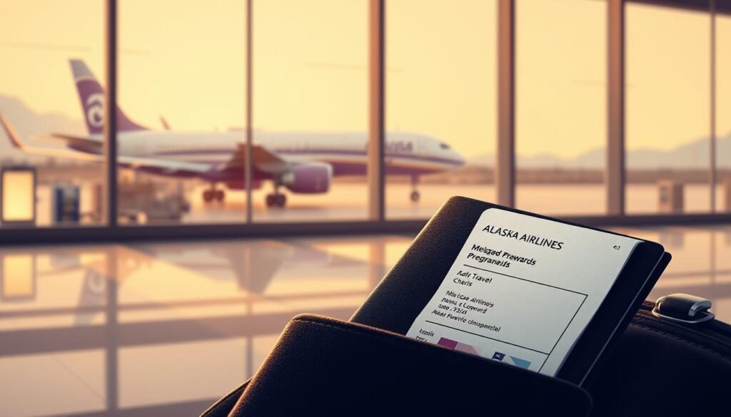 An elegant, detailed illustration of the Alaska Airlines Mileage Plan rewards program. A central focus on a traveler's passport and boarding pass, symbolizing the personalized travel benefits. In the background, a softly lit airport terminal with a view of an Alaska Airlines jet taking off. Warm lighting and muted tones convey a sense of premium, elevated travel experiences. Minimal text or branding, allowing the visual elements to tell the story of Alaska's enhanced loyalty program and its tailored rewards.