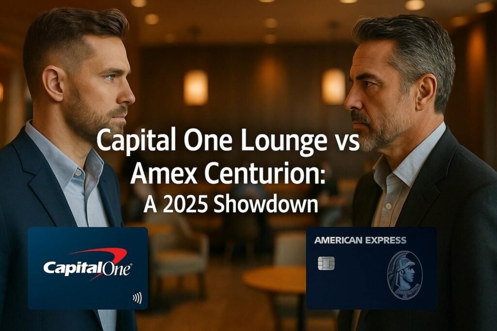 Two serious men face each other in a lounge. Text reads, Capital One Lounge vs Amex Centurion: A 2025 Showdown. Explore premium travel and credit card benefits as their airport lounges go head-to-head. Logos appear at the bottom.
