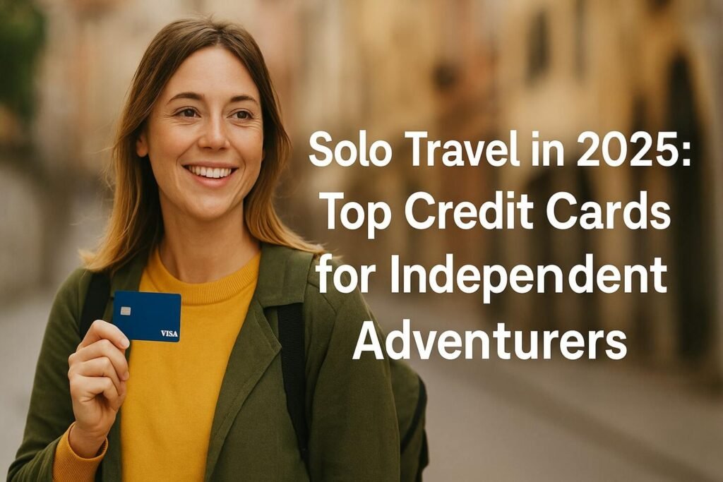 A smiling woman holds a blue credit card outdoors. Text beside her reads: Solo Travel in 2025: Best Credit Cards for Independent Adventurers, featuring top travel credit cards for your next solo journey.