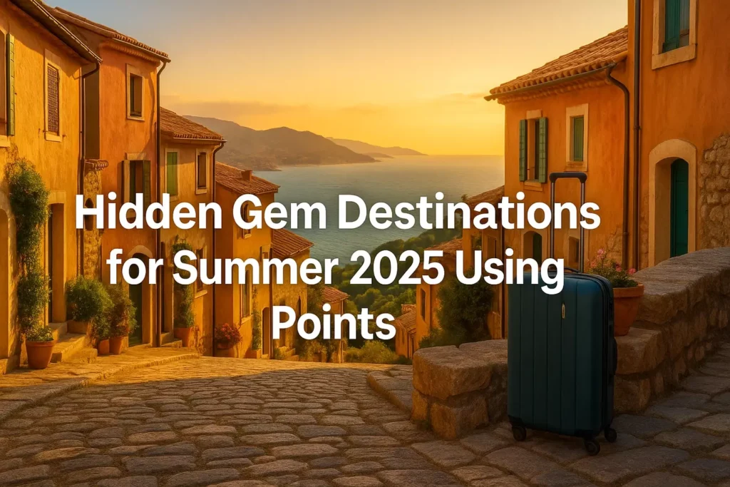 A cobblestone street in a colorful coastal village at sunset, overlooking the sea, with a blue suitcase in the foreground. Text reads: “Off-the-beaten-path summer escapes: Hidden Gem Destinations for 2025 Using Points.”.