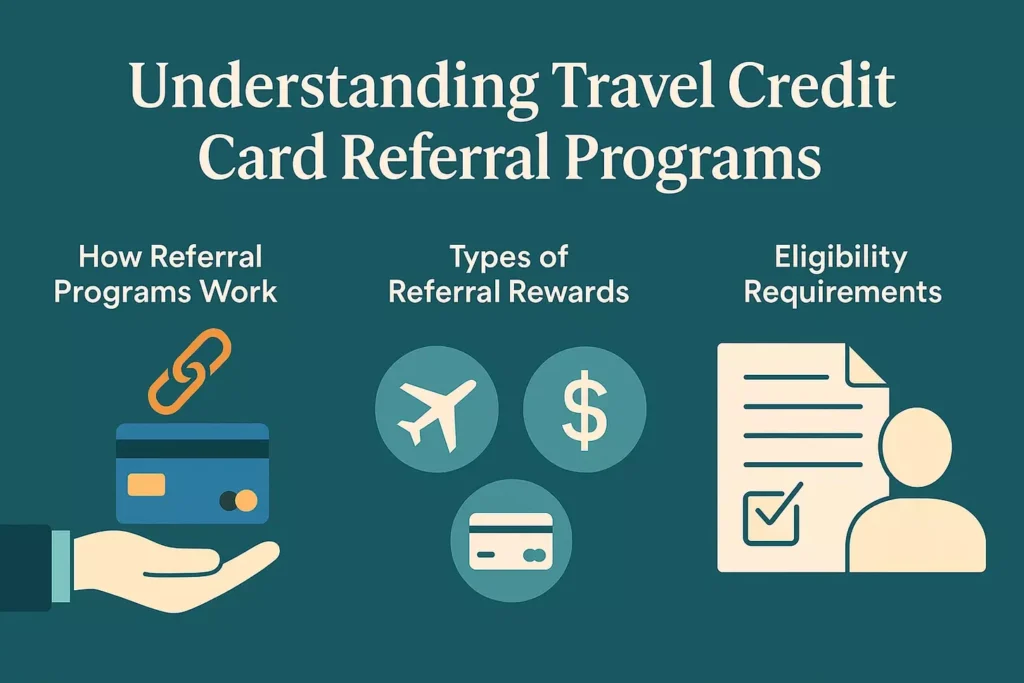 Infographic titled Understanding Travel Credit Card Referral Programs with icons showing travel credit cards, referral bonuses, and a checklist, illustrating rewards, eligibility, and the question: are travel credit card referrals still worth it in 2025?.