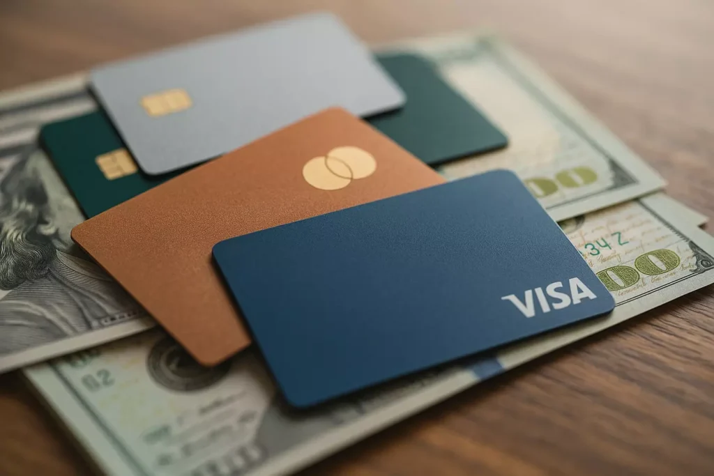 Four credit cards in different colors, including a blue Visa card and a brown MasterCard, lie atop several 100 US dollar bills on a wooden surface&mdash;perfect for those interested in travel hacking or earning extra points and miles.
