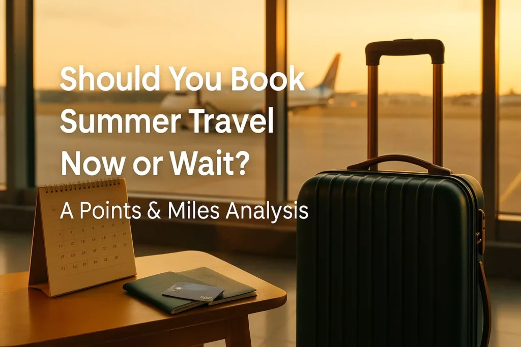 A suitcase, passport, and calendar sit on a table in front of airport windows at sunset. Text reads: Should You Book Summer Travel Now or Wait? A Points & Miles Analysis—including tips for maximizing hotel points this season.