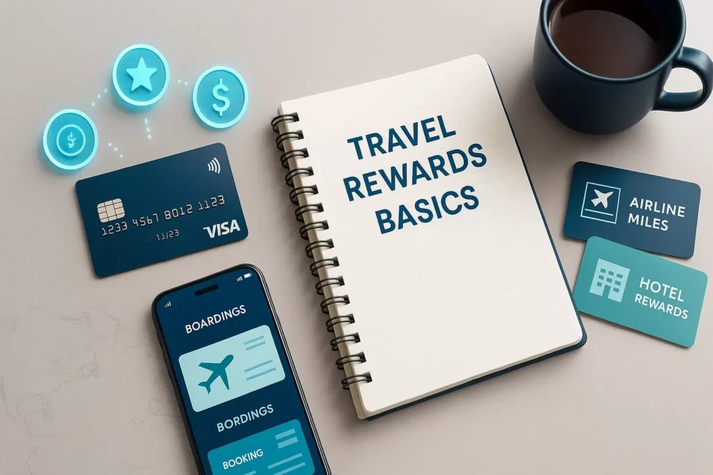 A notebook titled Travel Rewards Basics sits on a desk with a coffee cup, smartphone, and reward cards. Digital currency and star icons float above&mdash;your beginner's guide to travel rewards: start earning free trips in 2025 through credit card rewards!.
