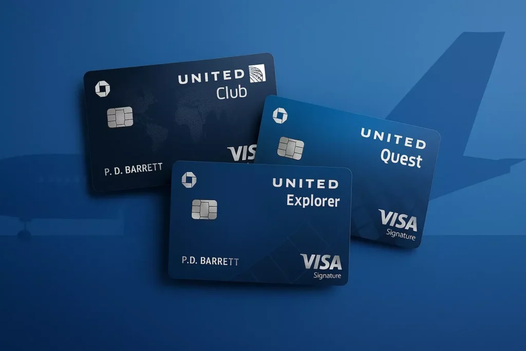 Three United Airlines Visa credit cards&mdash;Club, Explorer, and Quest&mdash;displayed in front of a blue background with a faint airplane image. Perfect for travel rewards enthusiasts maximizing the new benefits of Chase and United&rsquo;s enhanced travel credit cards.