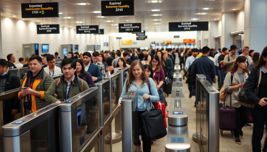 A bustling airport security checkpoint, with expedited lanes marked by prominent signage. Travelers swiftly navigate through the well-lit and spacious area, their faces a mix of anticipation and relief. Sleek security gates stand guard, their metal frames gleaming under the soft, diffused lighting. In the background, a seamless flow of passengers glides past, their carry-on bags and luggage creating a visual rhythm. The atmosphere is one of efficiency and calm, inviting a sense of ease and confidence as travelers prepare for their journeys ahead. A bustling airport security checkpoint, with expedited lanes marked by prominent signage. Travelers swiftly navigate through the well-lit and spacious area, their faces a mix of anticipation and relief. Sleek security gates stand guard, their metal frames gleaming under the soft, diffused lighting. In the background, a seamless flow of passengers glides past, their carry-on bags and luggage creating a visual rhythm. The atmosphere is one of efficiency and calm, inviting a sense of ease and confidence as travelers prepare for their journeys ahead.