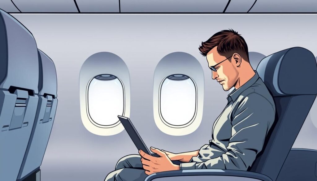 A digital illustration depicting the &amp;amp;quot;American Airlines free in-flight wi-fi for AAdvantage members&amp;amp;quot; concept. The scene shows a modern aircraft cabin interior with comfortable seating, overhead storage, and ambient lighting. In the foreground, a passenger is using a laptop, seamlessly connected to the internet via the complimentary in-flight Wi-Fi service. The background features the American Airlines logo and brand colors, conveying a sense of premium air travel experience for the loyalty program members. The image is rendered with a clean, minimalist aesthetic, emphasizing the convenience and value of the free Wi-Fi offering.