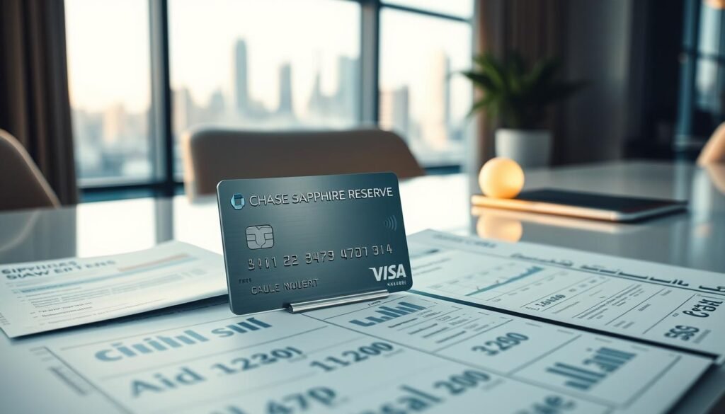 A high-quality premium travel card value analysis shown on a modern, minimalist desk. In the foreground, a sleek metal credit card stands upright, casting a subtle shadow. The middle ground features a neatly organized array of financial documents, including cost breakdowns and benefit comparisons. The background showcases a clean, well-lit office setting with a large window overlooking a cityscape, conveying a sense of professionalism and sophistication. Lighting is soft and diffused, creating a warm, inviting atmosphere. The overall composition emphasizes the careful evaluation of the card's value proposition through a balanced, analytical approach.
