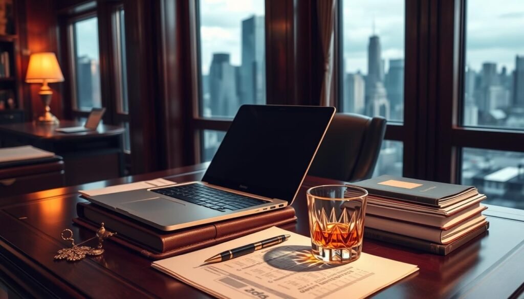 A luxurious study in dark mahogany and brass, illuminated by warm, golden light. A sleek, high-end laptop sits atop a leather-bound ledger, surrounded by stacks of crisp documents. A crystal tumbler filled with an amber liquid rests nearby, casting a soft glow. In the background, the skyline of a bustling metropolis can be seen through floor-to-ceiling windows, hinting at the wealth and status of the space. The scene conveys the importance of a robust credit score in enabling access to the finest travel experiences and amenities. A luxurious study in dark mahogany and brass, illuminated by warm, golden light. A sleek, high-end laptop sits atop a leather-bound ledger, surrounded by stacks of crisp documents. A crystal tumbler filled with an amber liquid rests nearby, casting a soft glow. In the background, the skyline of a bustling metropolis can be seen through floor-to-ceiling windows, hinting at the wealth and status of the space. The scene conveys the importance of a robust credit score in enabling access to the finest travel experiences and amenities.
