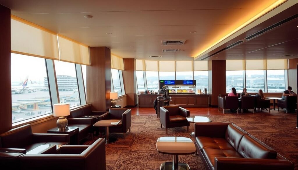 A modern, well-appointed priority pass lounge, bathed in warm, diffused lighting that creates a cozy, inviting atmosphere. Leather armchairs and sofas arranged around low tables, with a central buffet area showcasing an array of refreshments. The lounge features floor-to-ceiling windows, offering panoramic views of the bustling airport terminal. Subtle, minimalist decor elements and clean lines give the space a refined, sophisticated feel. Travelers relax and recharge, enjoying the quiet respite from the busy concourse. The overall impression is one of comfort, convenience, and an elevated airport experience.