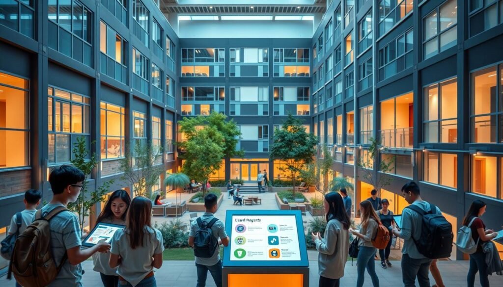 A modern, well-lit student housing complex with a vibrant rewards program. In the foreground, students gather around a central kiosk, examining the rewards program details on digital displays. The middle ground features a bustling courtyard with lush greenery, outdoor seating, and study areas. In the background, the architectural design showcases clean lines, large windows, and a mix of contemporary and natural materials. The lighting is a balance of warm, inviting tones and cool, natural daylight, creating an atmosphere of productivity and community. The overall scene conveys a sense of innovation, connectivity, and the rewarding experience of student living.