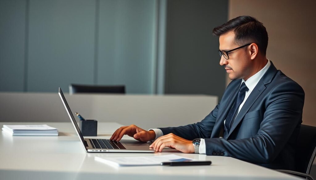 A sophisticated man in a well-tailored suit sits at a sleek, minimalist desk, intently studying the screen of his laptop. The desk is neatly organized, with a stack of papers, a pen holder, and a strategically placed Chase credit card. Soft, directional lighting illuminates the scene, casting subtle shadows and highlighting the man's focused expression. In the background, a modern office interior with clean lines and neutral tones creates a professional, polished atmosphere. The overall impression conveys a sense of optimization, efficiency, and the careful management of Chase travel points.