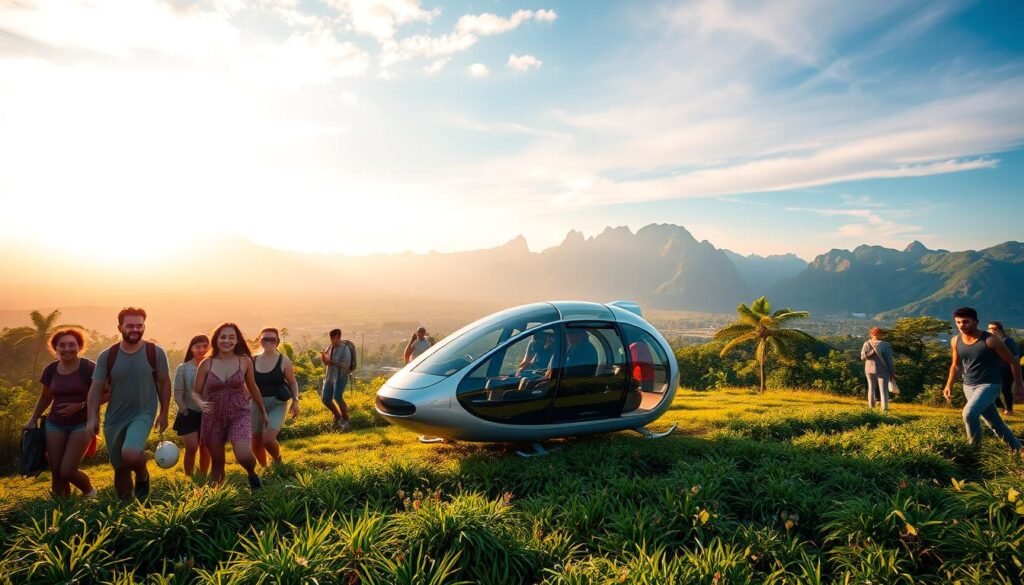 A vibrant scene of group travel experiences in 2025, captured with a wide-angle lens. In the foreground, a diverse group of adventurers explore a lush, verdant landscape, their faces alight with excitement. The middle ground showcases a futuristic, eco-friendly mode of transportation - a sleek, hovering vehicle that glides effortlessly over the terrain. In the background, a breathtaking vista of towering mountains and a vibrant, colorful sky, bathed in warm, golden sunlight that casts a serene, dreamlike atmosphere over the entire scene. The mood is one of shared discovery, adventure, and a deep connection with the natural world, reflecting the future of travel as a collective, immersive experience. A vibrant scene of group travel experiences in 2025, captured with a wide-angle lens. In the foreground, a diverse group of adventurers explore a lush, verdant landscape, their faces alight with excitement. The middle ground showcases a futuristic, eco-friendly mode of transportation - a sleek, hovering vehicle that glides effortlessly over the terrain. In the background, a breathtaking vista of towering mountains and a vibrant, colorful sky, bathed in warm, golden sunlight that casts a serene, dreamlike atmosphere over the entire scene. The mood is one of shared discovery, adventure, and a deep connection with the natural world, reflecting the future of travel as a collective, immersive experience.