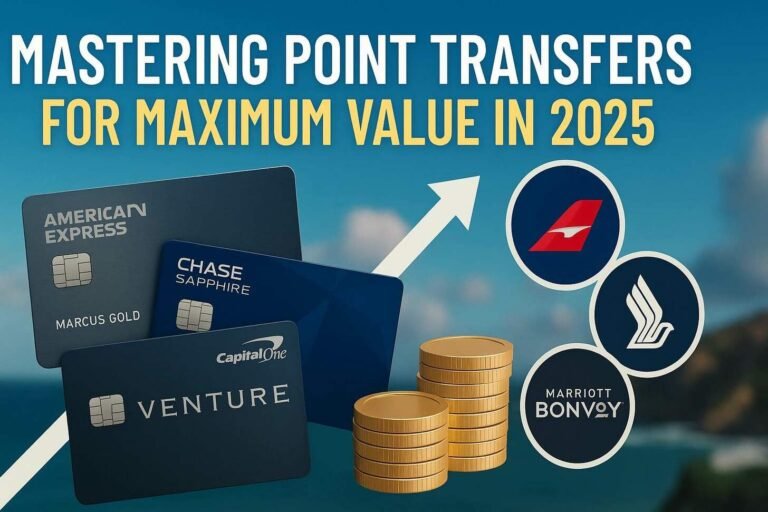 Credit cards from American Express, Chase, and Capital One next to stacks of coins, airline and hotel logos, with an upward arrow and the text: Mastering Credit Card Points Transfers for Maximum Travel Rewards in 2025.