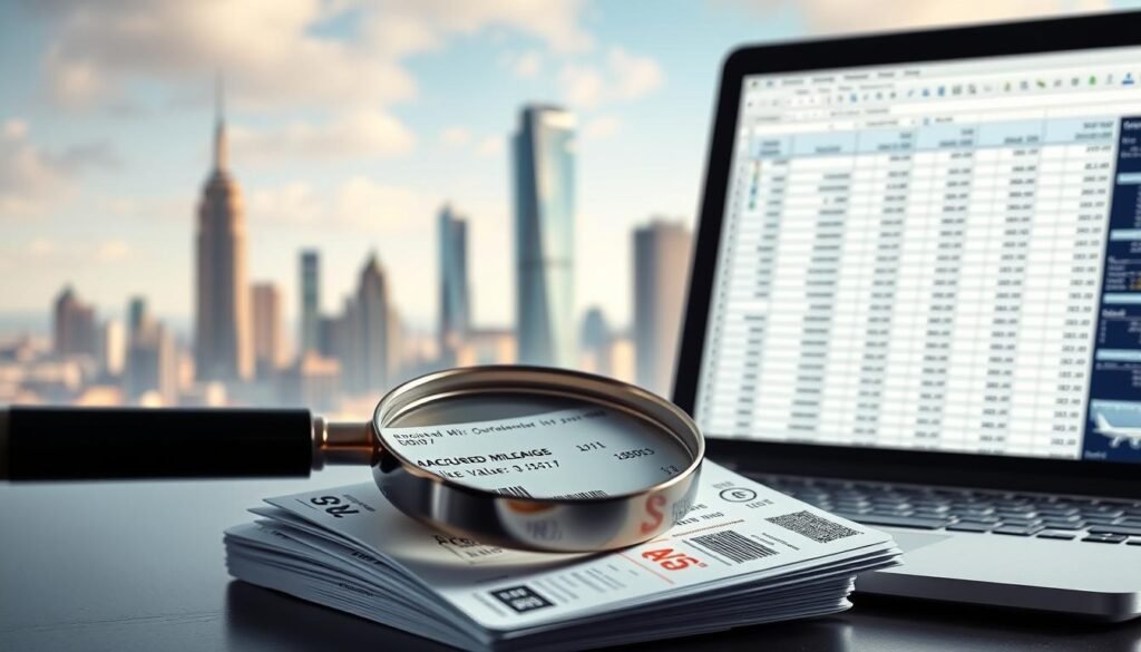 A breathtakingly realistic image of "mile valuation strategies", with a sophisticated, analytical feel. In the foreground, a magnifying glass hovers over a stack of airline boarding passes, highlighting the numerical details of accrued mileage. In the middle ground, a sleek laptop displays a detailed spreadsheet, meticulously tracking the value of the miles. The background is a softly blurred cityscape, with towering skyscrapers and a vibrant urban atmosphere, emphasizing the importance of these financial decisions in the broader context of air travel and personal finance. The lighting is crisp and directional, casting sharp shadows and emphasizing the sense of careful examination and calculation. The overall tone is one of thoughtful, data-driven decision-making. A breathtakingly realistic image of "mile valuation strategies", with a sophisticated, analytical feel. In the foreground, a magnifying glass hovers over a stack of airline boarding passes, highlighting the numerical details of accrued mileage. In the middle ground, a sleek laptop displays a detailed spreadsheet, meticulously tracking the value of the miles. The background is a softly blurred cityscape, with towering skyscrapers and a vibrant urban atmosphere, emphasizing the importance of these financial decisions in the broader context of air travel and personal finance. The lighting is crisp and directional, casting sharp shadows and emphasizing the sense of careful examination and calculation. The overall tone is one of thoughtful, data-driven decision-making.