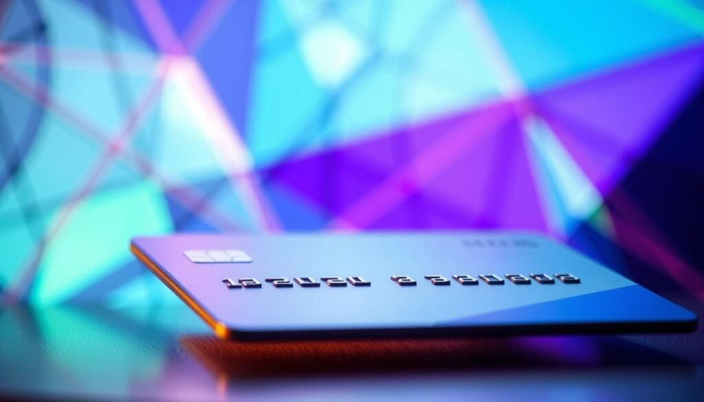 A close-up of a sleek, metallic credit card against a backdrop of colorful abstract geometric shapes, representing the concept of transferable credit card points. Warm lighting casts a soft glow, highlighting the card's sharp edges and glossy finish. The foreground is in crisp focus, drawing the viewer's attention to the card's details, while the middle and background layers feature a dynamic interplay of intersecting lines, gradients, and irregular polygons in vibrant hues of blue, green, and purple, symbolizing the flexibility and versatility of earned travel points. The overall composition conveys a sense of financial empowerment, technological sophistication, and the excitement of unlocking new travel opportunities.