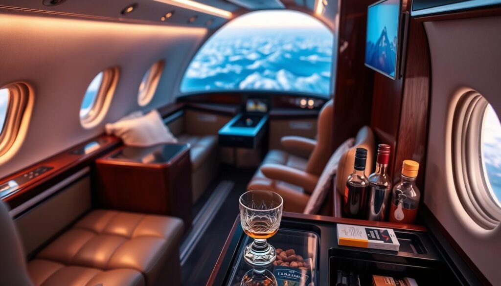 A luxurious first-class cabin aboard a private jet, bathed in warm, soft lighting. The plush leather seats and sleek, polished wood accents exude an atmosphere of refined elegance. In the foreground, a crystal tumbler filled with a premium spirit rests on a minibar, surrounded by gourmet snacks and thoughtful amenities. Outside the window, a breathtaking aerial view of snow-capped mountains and azure skies. The scene evokes a sense of exclusivity, comfort, and the ultimate in personalized travel experiences.