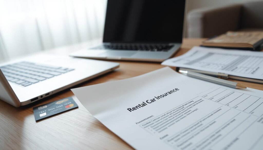 A neatly organized office desk with a laptop, pen, and papers. On the desk, a credit card statement and a form titled &amp;quot;Rental Car Insurance Claim&amp;quot; are prominently displayed. The lighting is soft and natural, coming from a window to the side. The background is blurred, suggesting a comfortable, professional setting. The overall mood is one of efficiency and attention to detail, reflecting the careful consideration of the rental car coverage details.