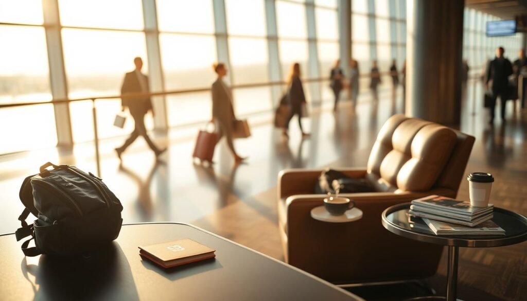 A serene airport lounge, bathed in warm, natural lighting from large windows. In the foreground, a traveler's backpack and passport sit atop a sleek, modern desk, hinting at the imminent departure. The middle ground features a plush leather armchair and a side table adorned with travel magazines, a laptop, and a steaming cup of coffee. In the background, silhouettes of fellow passengers move through the terminal, adding a sense of anticipation and global connectivity. The overall atmosphere conveys a balance of productivity, relaxation, and the excitement of planning one's next journey using travel rewards strategies.