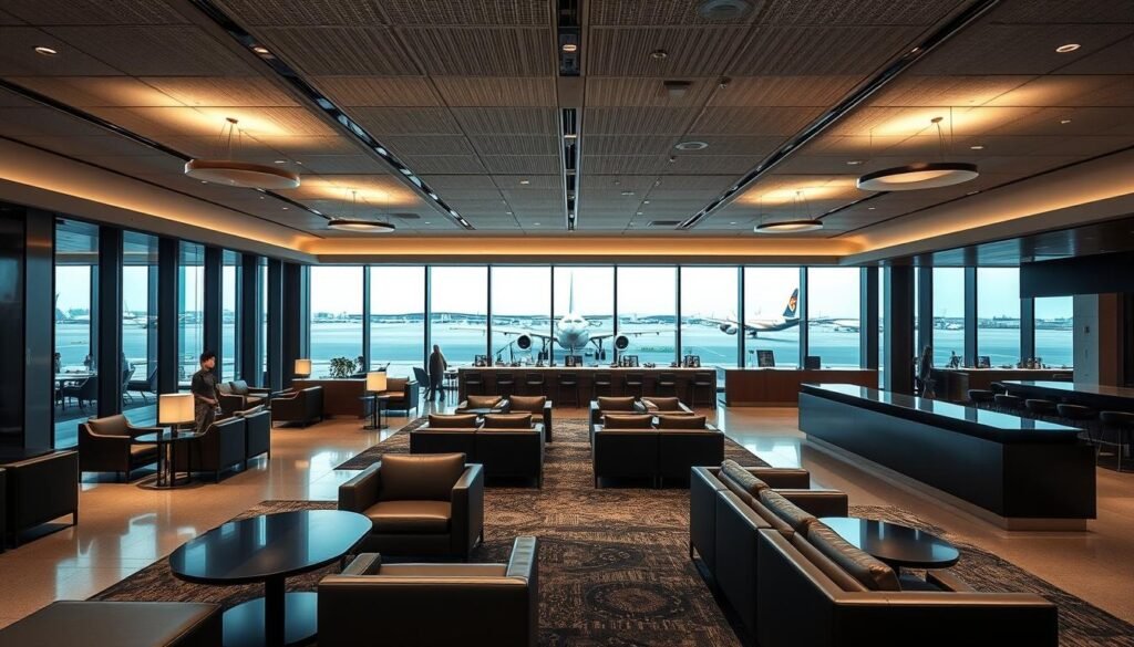 A sleek, modern airport lounge with an expansive open layout. The space is bathed in soft, diffused lighting from overhead fixtures, creating a warm and inviting ambiance. In the foreground, plush leather seating and elegant end tables are arranged in intimate conversational groups, while the middle ground features a long counter with multiple charging stations and high-speed internet access points. In the background, floor-to-ceiling windows offer sweeping views of the bustling airport tarmac, with aircraft taking off and landing in the distance. The overall atmosphere is one of relaxation and productivity, catering to the discerning needs of the modern traveler.