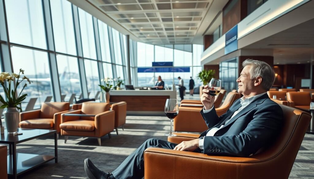 A spacious, luxurious credit card lounge at a modern international airport. Bright, natural lighting cascades through floor-to-ceiling windows, illuminating plush leather seating, sleek wooden furnishings, and elegant floral arrangements. In the foreground, a well-dressed business traveler relaxes in a comfortable armchair, sipping a glass of fine wine. The middle ground features a concierge desk, where attentive staff assist patrons with their travel needs. In the background, the bustling airport terminal can be seen through the windows, creating a sense of exclusivity and privilege within the tranquil lounge setting. The atmosphere is one of refined elegance, signifying the prestige and perks associated with premium credit card membership.