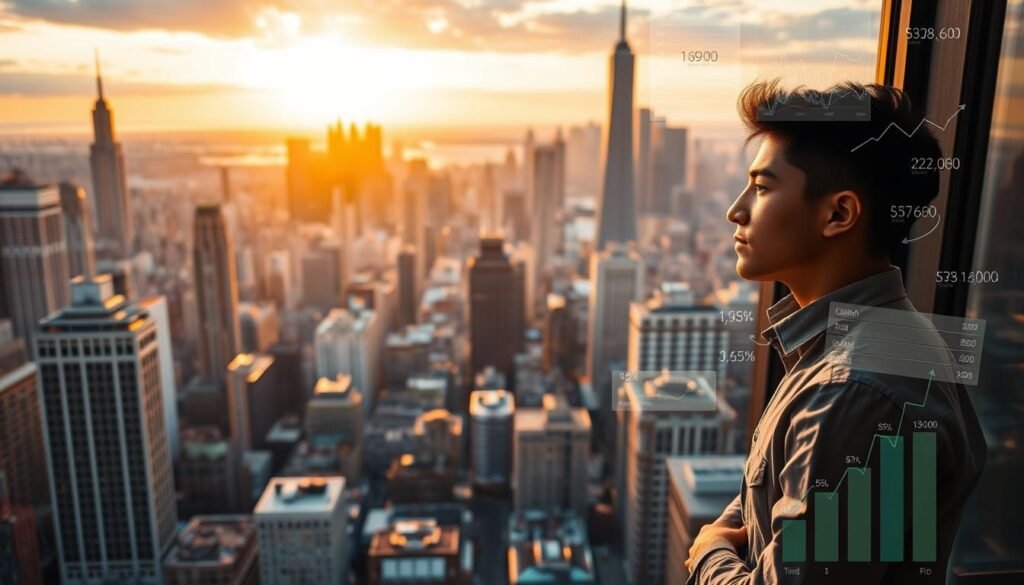 A bustling cityscape at golden hour, bathed in warm hues. In the foreground, a young professional stands at a window, gazing out at the sprawling urban landscape, a thoughtful expression on their face. Surrounding them, a collage of financial data, charts, and digital interfaces, representing the tangible rewards of their hard work. The middle ground showcases a vibrant, interconnected world, where opportunities for growth and advancement abound. In the background, towering skyscrapers and a vibrant skyline suggest the boundless potential that lies ahead, if one seizes the chance to earn those crucial first 100,000 points.